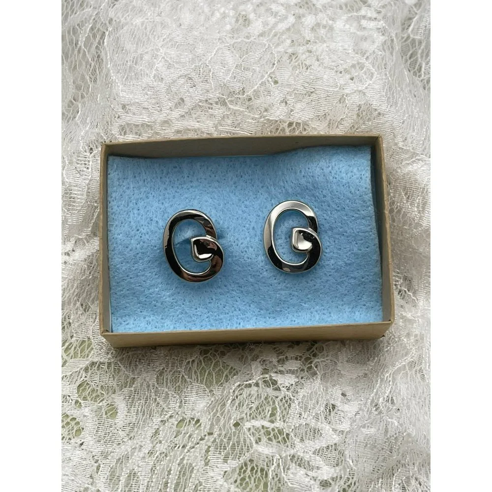 Vintage Silver Tone Oval Abstract Design Cuff Links